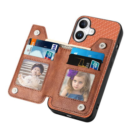 For iPhone 16 Plus Carbon Fiber Horizontal Flip Zipper Wallet Phone Case(Brown) by buy2fix