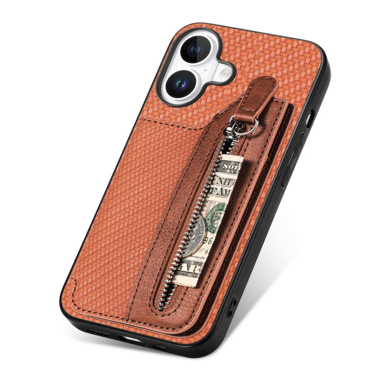 For iPhone 16 Plus Carbon Fiber Horizontal Flip Zipper Wallet Phone Case(Brown) by buy2fix