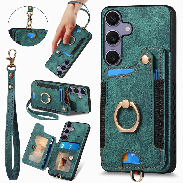 For Samsung Galaxy S25 5G Retro Skin-feel Ring Multi-card Wallet Phone Case(Green) - Galaxy S25 5G Cases by buy2fix | Online Shopping UK | buy2fix