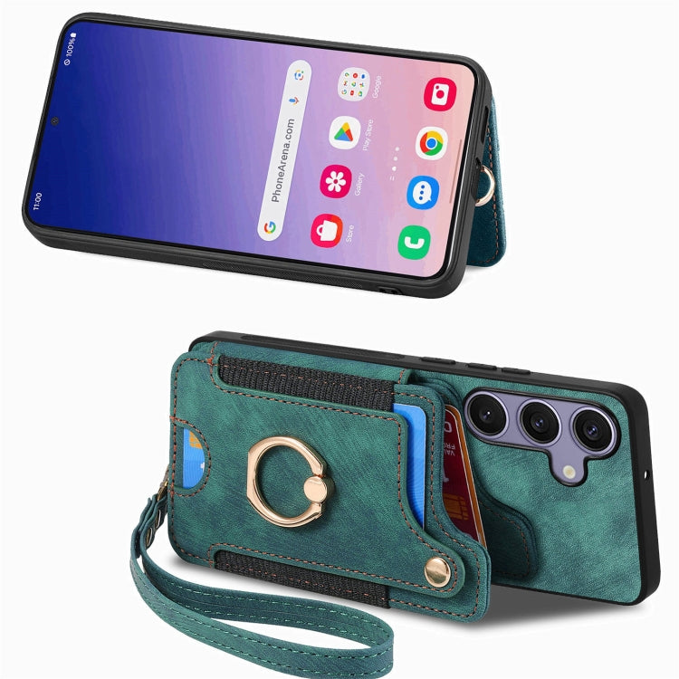 For Samsung Galaxy S25+ 5G Retro Skin-feel Ring Multi-card Wallet Phone Case(Green) - Galaxy S25+ 5G Cases by buy2fix | Online Shopping UK | buy2fix