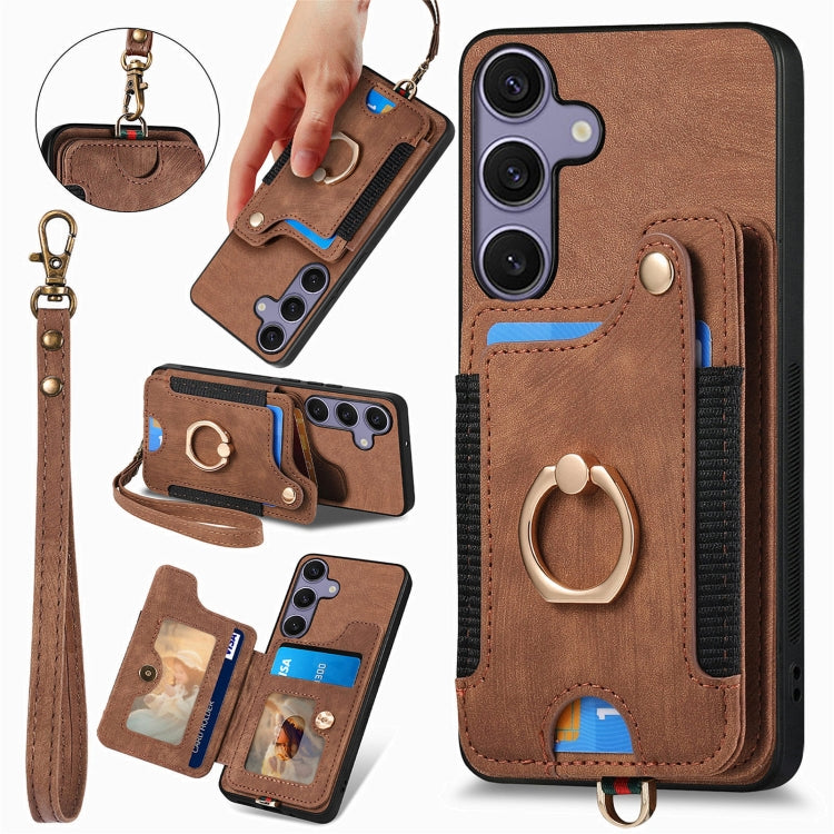 For Samsung Galaxy S25+ 5G Retro Skin-feel Ring Multi-card Wallet Phone Case(Brown) by buy2fix