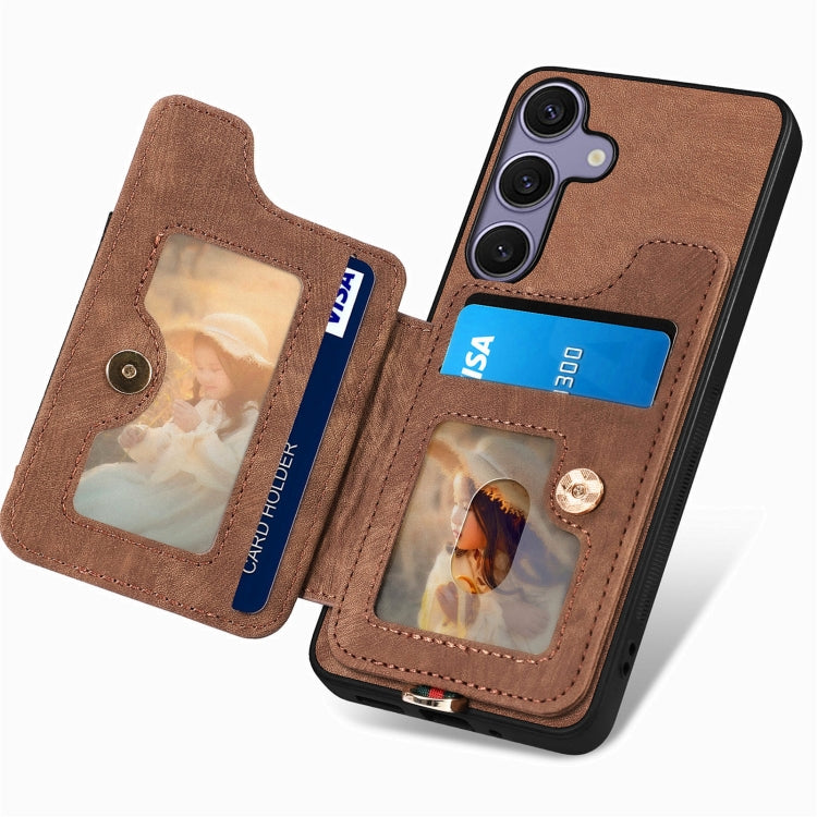 For Samsung Galaxy S25+ 5G Retro Skin-feel Ring Multi-card Wallet Phone Case(Brown) by buy2fix