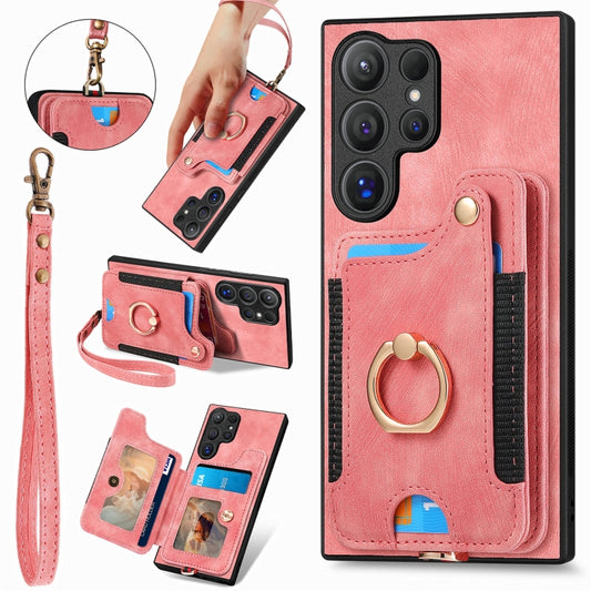 For Samsung Galaxy S25 Ultra 5G Retro Skin-feel Ring Multi-card Wallet Phone Case(Pink) - Galaxy S25 Ultra 5G Cases by buy2fix | Online Shopping UK | buy2fix