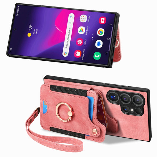 For Samsung Galaxy S25 Ultra 5G Retro Skin-feel Ring Multi-card Wallet Phone Case(Pink) by buy2fix