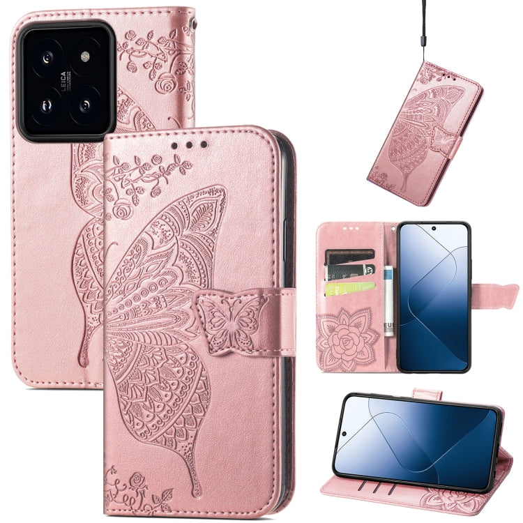 For Xiaomi 14 Butterfly Love Flower Embossed Leather Phone Case(Rose Gold) - 14 Cases by buy2fix | Online Shopping UK | buy2fix