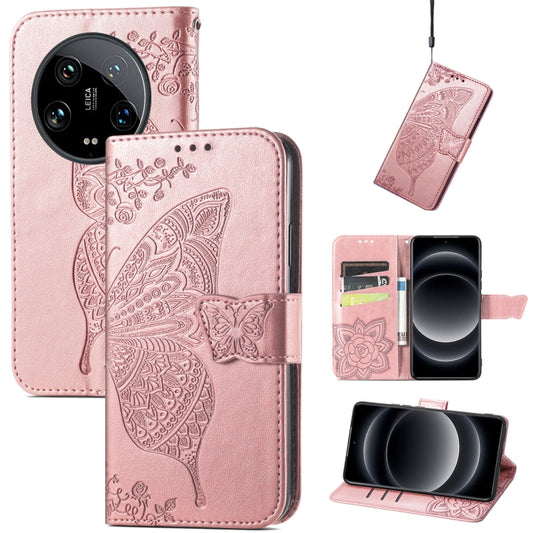 For Xiaomi 14 Ultra Butterfly Love Flower Embossed Leather Phone Case(Rose Gold) - 14 Ultra Cases by buy2fix | Online Shopping UK | buy2fix