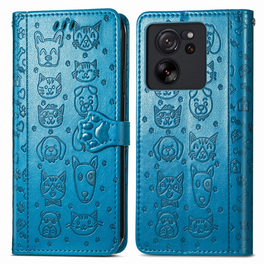 For Xiaomi Redmi K60 Ultra Cat and Dog Embossed Leather Phone Case(Blue) by buy2fix