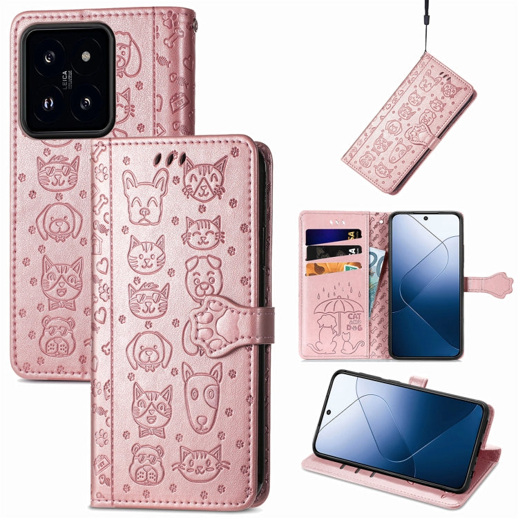 For Xiaomi 14 Pro Cat and Dog Embossed Leather Phone Case(Rose Gold) by buy2fix
