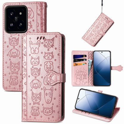 For Xiaomi 14 Pro Cat and Dog Embossed Leather Phone Case(Rose Gold) by buy2fix