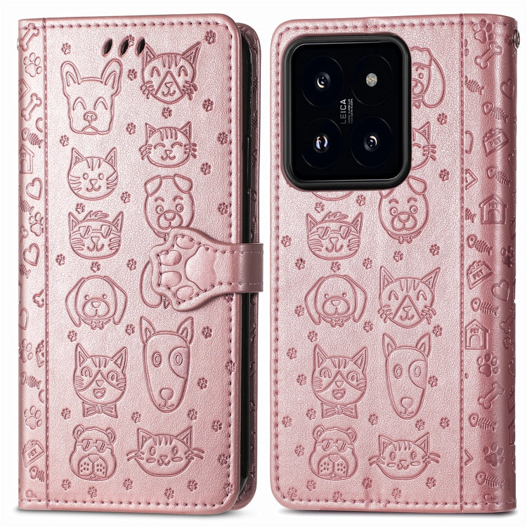 For Xiaomi 14 Pro Cat and Dog Embossed Leather Phone Case(Rose Gold) by buy2fix