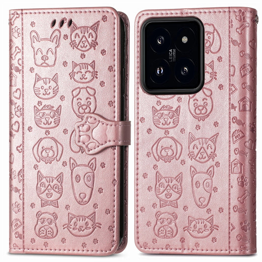 For Xiaomi 14 Pro Cat and Dog Embossed Leather Phone Case(Rose Gold) by buy2fix