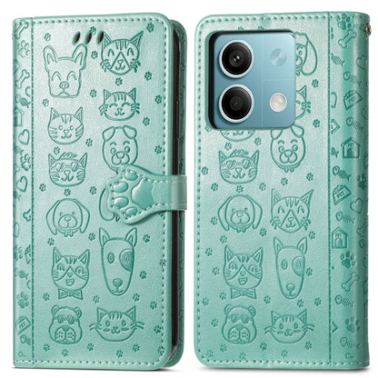 For Xiaomi Redmi Note 13 Cat and Dog Embossed Leather Phone Case(Green) - Note 13 Cases by buy2fix | Online Shopping UK | buy2fix