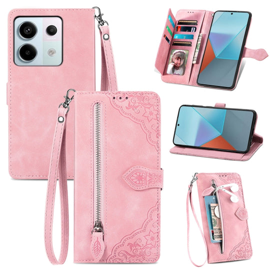 For Xiaomi Redmi Note 13 Pro 5G Embossed Flower Zipper Leather Phone Case(Pink)