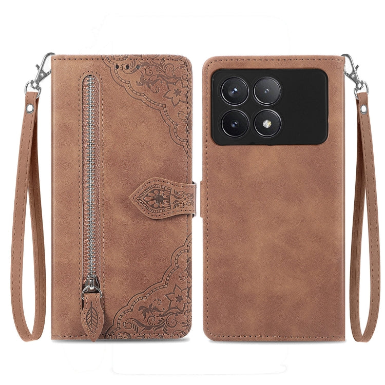 For Xiaomi Redmi K70 Embossed Flower Zipper Leather Phone Case(Brown) - K70 Cases by buy2fix | Online Shopping UK | buy2fix