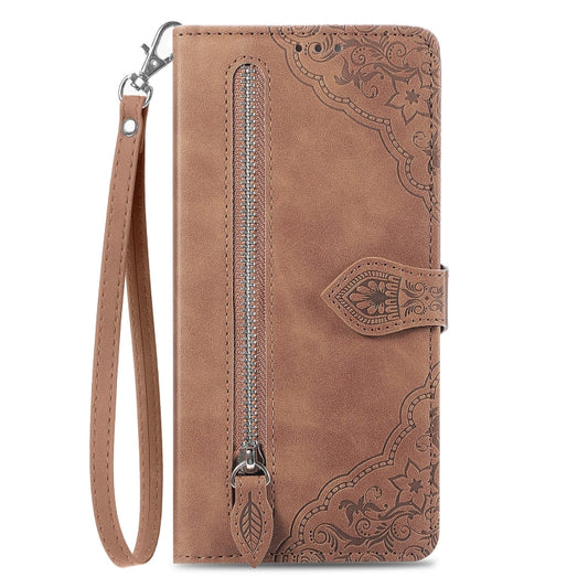 For Xiaomi Redmi K70 Embossed Flower Zipper Leather Phone Case(Brown) by buy2fix