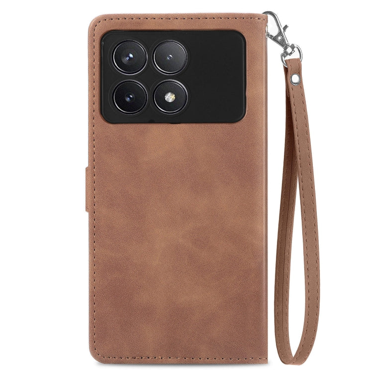 For Xiaomi Redmi K70 Embossed Flower Zipper Leather Phone Case(Brown) - K70 Cases by buy2fix | Online Shopping UK | buy2fix