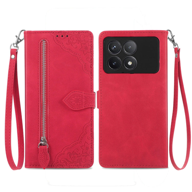 For Xiaomi Redmi K70 Embossed Flower Zipper Leather Phone Case(Red) - K70 Cases by buy2fix | Online Shopping UK | buy2fix