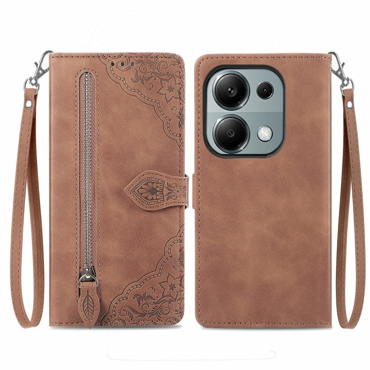 For Xiaomi Poco M6 Pro 4G Embossed Flower Zipper Leather Phone Case(Brown) - Xiaomi Cases by buy2fix | Online Shopping UK | buy2fix