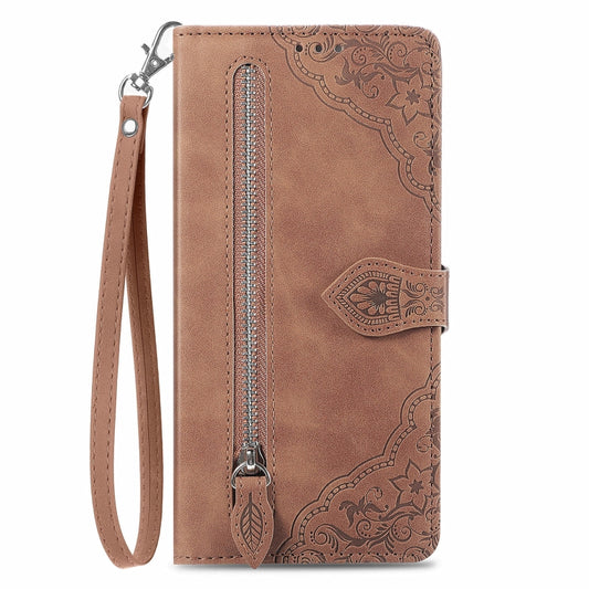 For Xiaomi Poco M6 Pro 4G Embossed Flower Zipper Leather Phone Case(Brown) by buy2fix