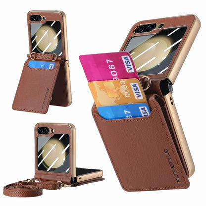 For Samsung Galaxy Z Flip5 5G Crossbody Electroplated Case-film Integrated Wallet Phone Case(Brown) - Galaxy Z Flip5 Cases by buy2fix | Online Shopping UK | buy2fix