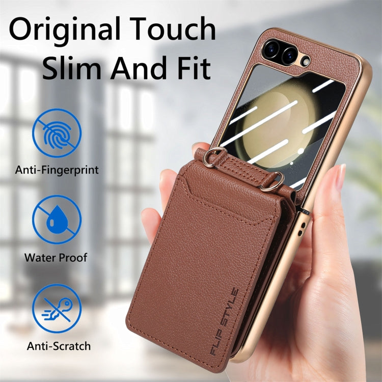 For Samsung Galaxy Z Flip5 5G Crossbody Electroplated Case-film Integrated Wallet Phone Case(Brown) - Galaxy Z Flip5 Cases by buy2fix | Online Shopping UK | buy2fix