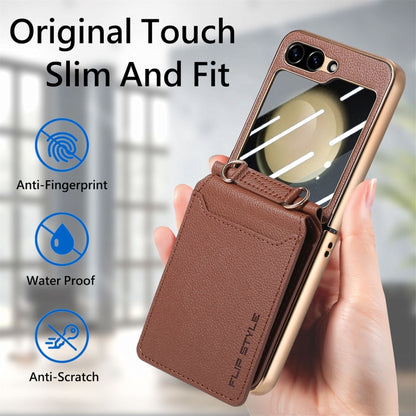 For Samsung Galaxy Z Flip5 5G Crossbody Electroplated Case-film Integrated Wallet Phone Case(Brown) - Galaxy Z Flip5 Cases by buy2fix | Online Shopping UK | buy2fix