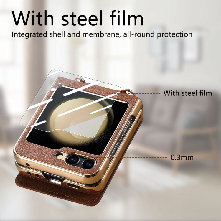 For Samsung Galaxy Z Flip5 5G Crossbody Electroplated Case-film Integrated Wallet Phone Case(Brown) - Galaxy Z Flip5 Cases by buy2fix | Online Shopping UK | buy2fix