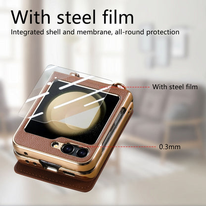 For Samsung Galaxy Z Flip5 5G Crossbody Electroplated Case-film Integrated Wallet Phone Case(Brown) - Galaxy Z Flip5 Cases by buy2fix | Online Shopping UK | buy2fix