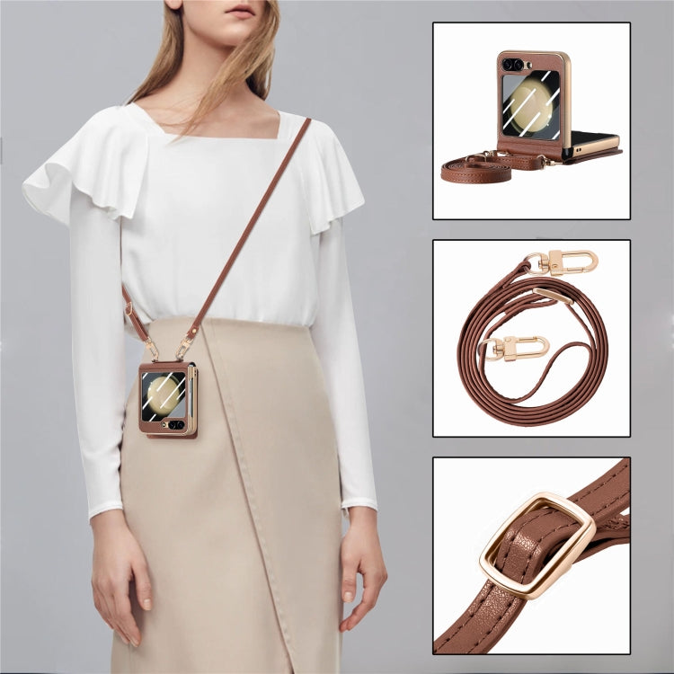 For Samsung Galaxy Z Flip5 5G Crossbody Electroplated Case-film Integrated Wallet Phone Case(Brown) - Galaxy Z Flip5 Cases by buy2fix | Online Shopping UK | buy2fix