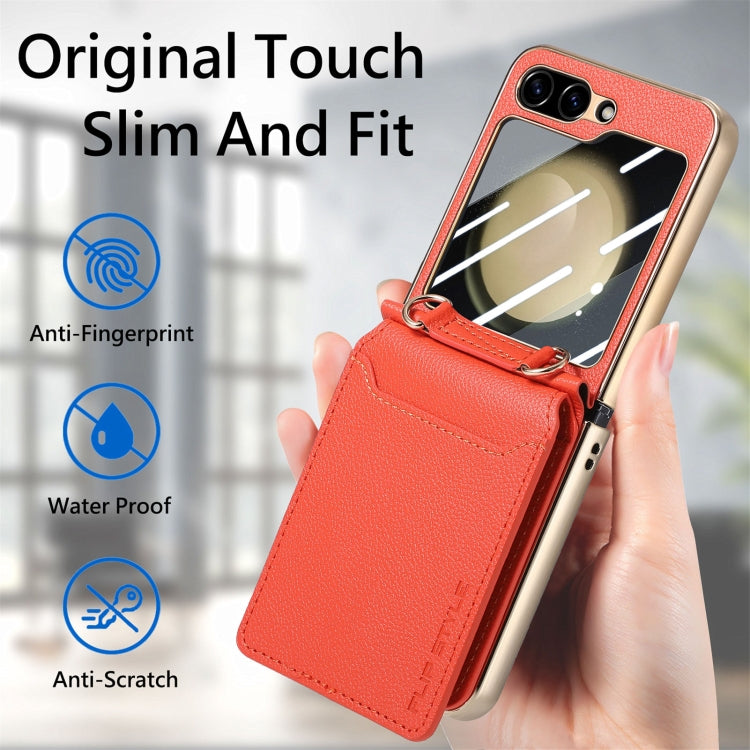 For Samsung Galaxy Z Flip5 5G Crossbody Electroplated Case-film Integrated Wallet Phone Case(Orange) - Galaxy Z Flip5 Cases by buy2fix | Online Shopping UK | buy2fix