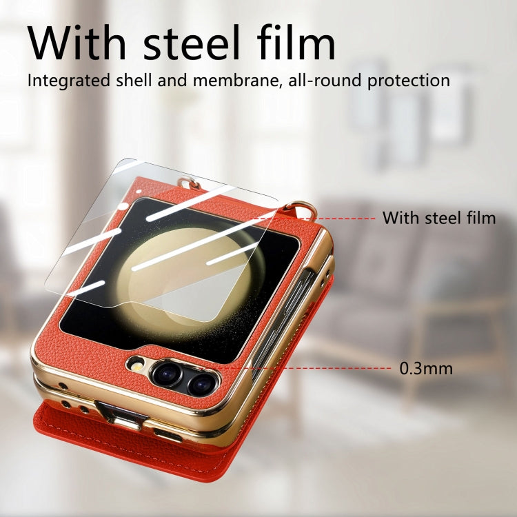 For Samsung Galaxy Z Flip5 5G Crossbody Electroplated Case-film Integrated Wallet Phone Case(Orange) - Galaxy Z Flip5 Cases by buy2fix | Online Shopping UK | buy2fix