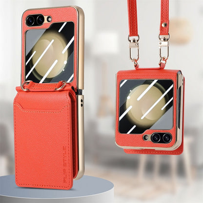 For Samsung Galaxy Z Flip5 5G Crossbody Electroplated Case-film Integrated Wallet Phone Case(Orange) - Galaxy Z Flip5 Cases by buy2fix | Online Shopping UK | buy2fix