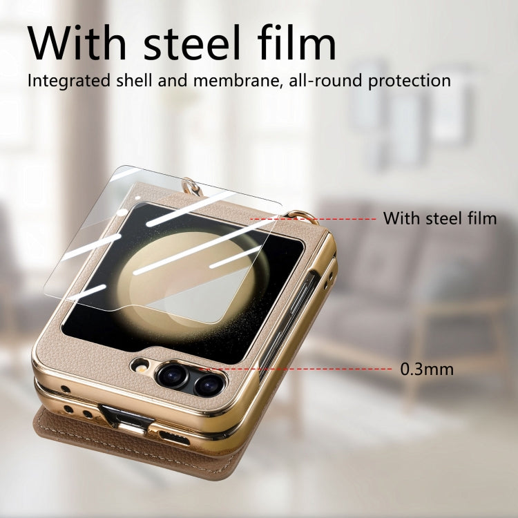 For Samsung Galaxy Z Flip5 5G Crossbody Electroplated Case-film Integrated Wallet Phone Case(Khaki) - Galaxy Z Flip5 Cases by buy2fix | Online Shopping UK | buy2fix