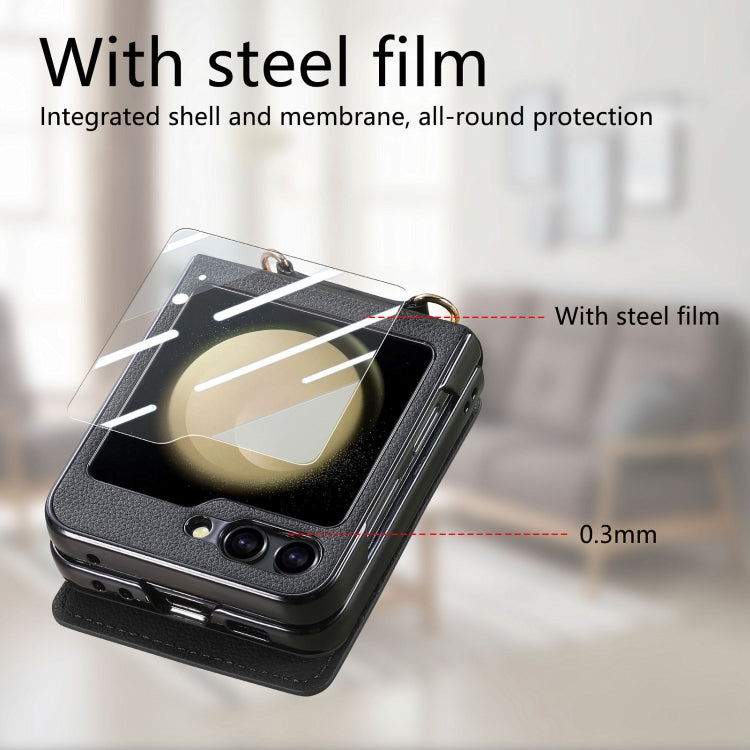 For Samsung Galaxy Z Flip5 5G Crossbody Electroplated Case-film Integrated Wallet Phone Case(Black) - Galaxy Z Flip5 Cases by buy2fix | Online Shopping UK | buy2fix