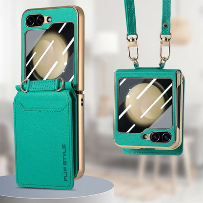 For Samsung Galaxy Z Flip5 5G Crossbody Electroplated Case-film Integrated Wallet Phone Case(Green) - Galaxy Z Flip5 Cases by buy2fix | Online Shopping UK | buy2fix