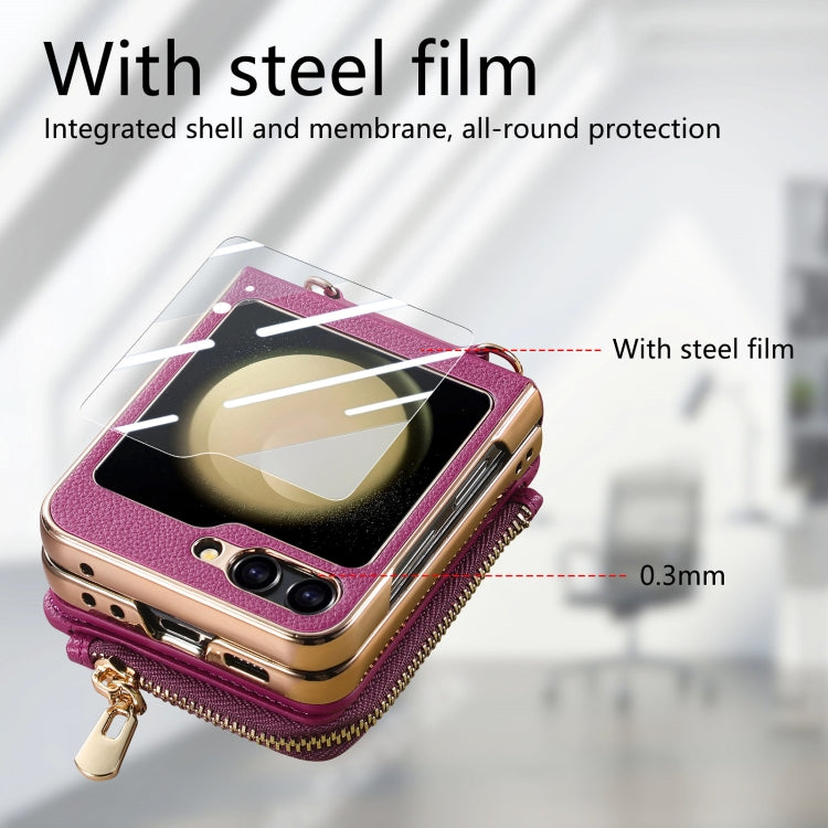 For Samsung Galaxy Z Flip5 5G Crossbody Litchi Electroplated Case-film Integrated Zipper Wallet Phone Case(Purple) - Galaxy Z Flip5 Cases by buy2fix | Online Shopping UK | buy2fix
