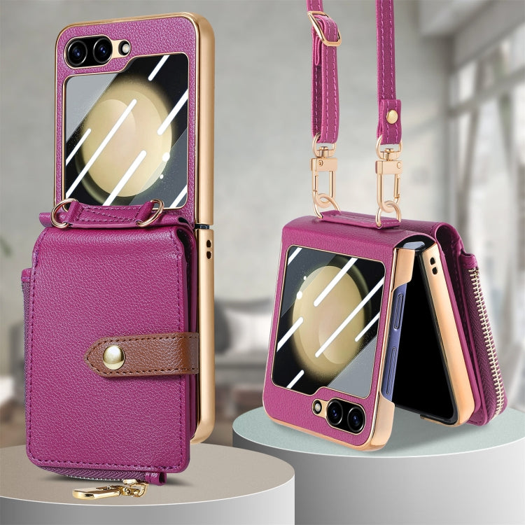 For Samsung Galaxy Z Flip5 5G Crossbody Litchi Electroplated Case-film Integrated Zipper Wallet Phone Case(Purple) - Galaxy Z Flip5 Cases by buy2fix | Online Shopping UK | buy2fix