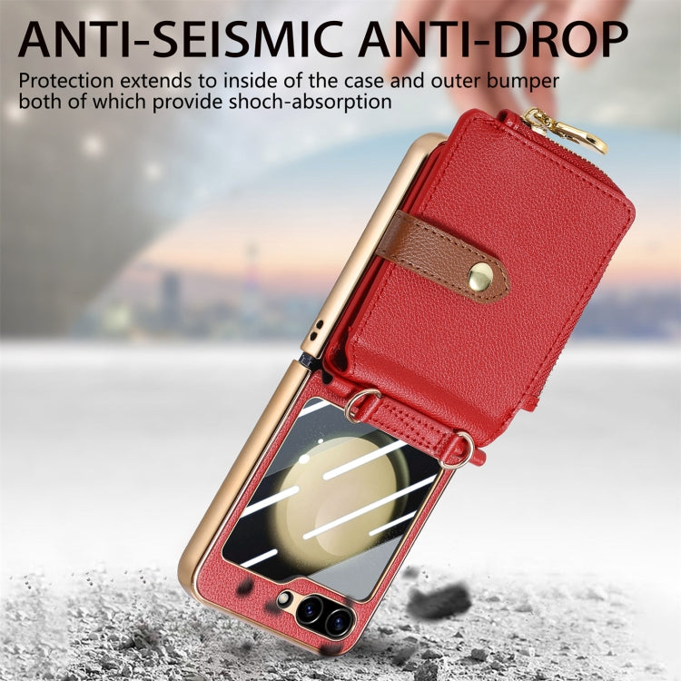 For Samsung Galaxy Z Flip5 5G Crossbody Litchi Electroplated Case-film Integrated Zipper Wallet Phone Case(Red) - Galaxy Z Flip5 Cases by buy2fix | Online Shopping UK | buy2fix