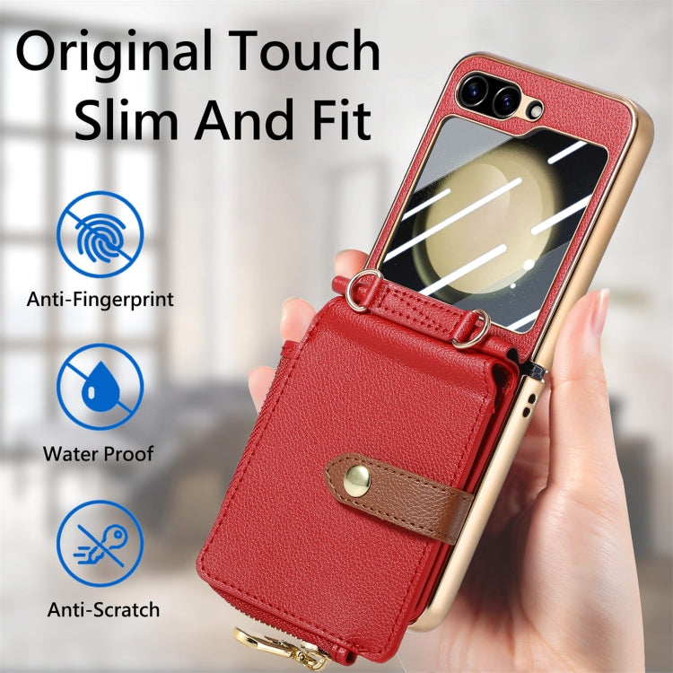 For Samsung Galaxy Z Flip5 5G Crossbody Litchi Electroplated Case-film Integrated Zipper Wallet Phone Case(Red) - Galaxy Z Flip5 Cases by buy2fix | Online Shopping UK | buy2fix
