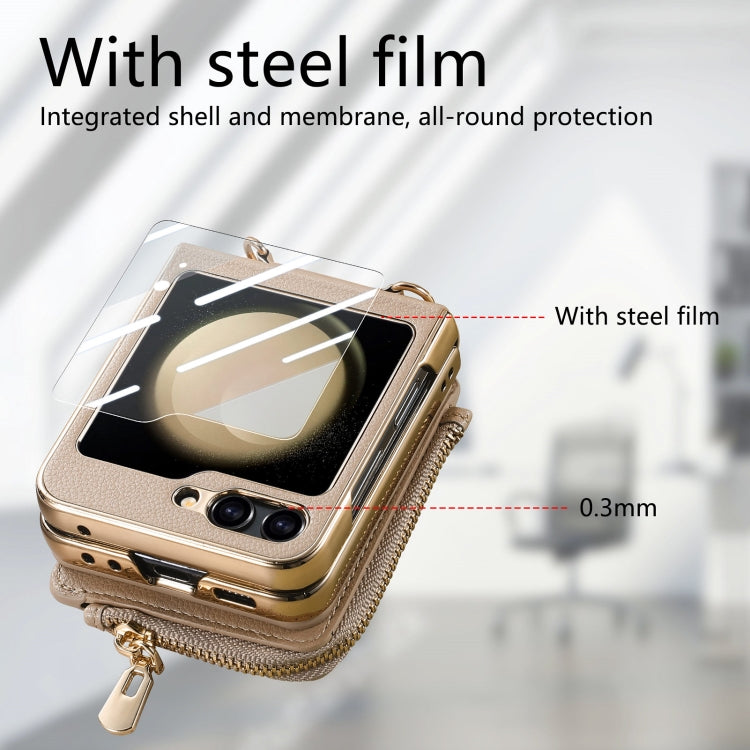 For Samsung Galaxy Z Flip5 5G Crossbody Litchi Electroplated Case-film Integrated Zipper Wallet Phone Case(Khaki) - Galaxy Z Flip5 Cases by buy2fix | Online Shopping UK | buy2fix