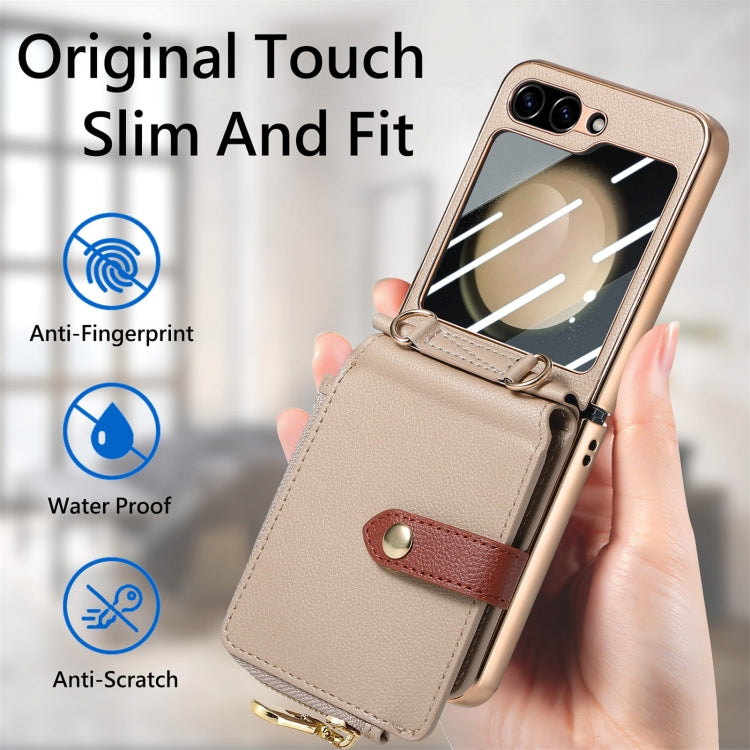 For Samsung Galaxy Z Flip5 5G Crossbody Litchi Electroplated Case-film Integrated Zipper Wallet Phone Case(Khaki) - Galaxy Z Flip5 Cases by buy2fix | Online Shopping UK | buy2fix