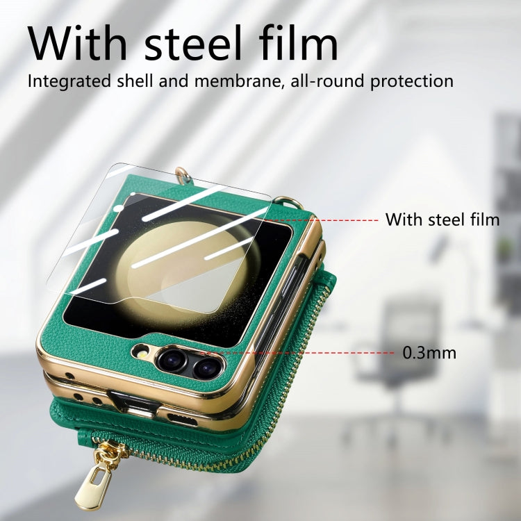 For Samsung Galaxy Z Flip5 5G Crossbody Litchi Electroplated Case-film Integrated Zipper Wallet Phone Case(Green) - Galaxy Z Flip5 Cases by buy2fix | Online Shopping UK | buy2fix