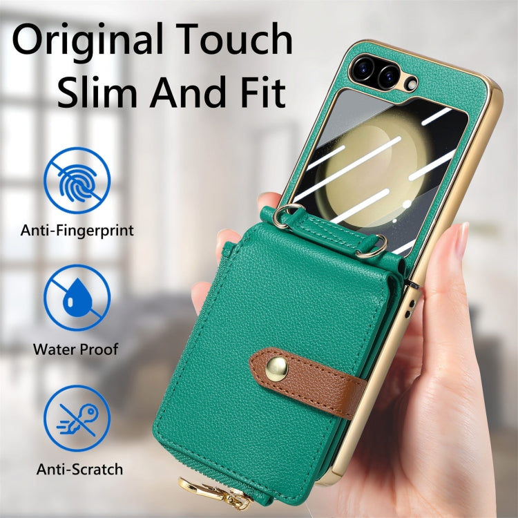 For Samsung Galaxy Z Flip5 5G Crossbody Litchi Electroplated Case-film Integrated Zipper Wallet Phone Case(Green) - Galaxy Z Flip5 Cases by buy2fix | Online Shopping UK | buy2fix
