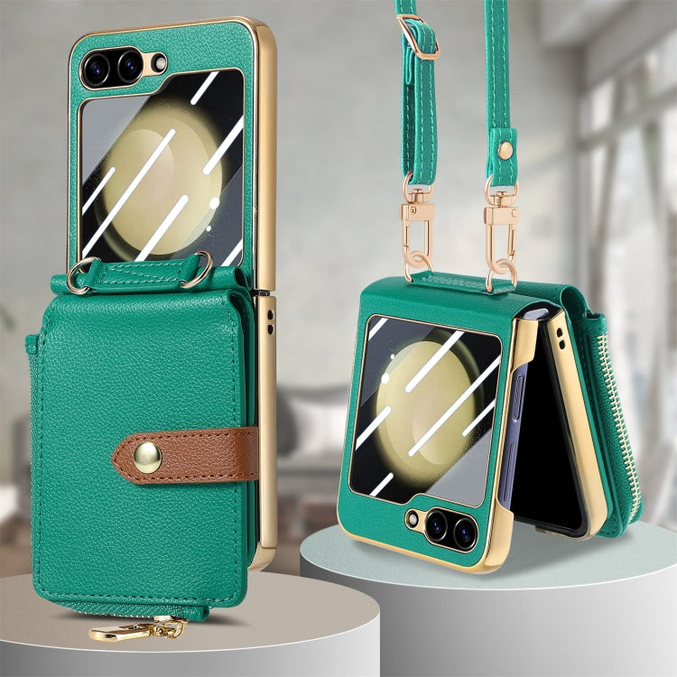 For Samsung Galaxy Z Flip5 5G Crossbody Litchi Electroplated Case-film Integrated Zipper Wallet Phone Case(Green) - Galaxy Z Flip5 Cases by buy2fix | Online Shopping UK | buy2fix