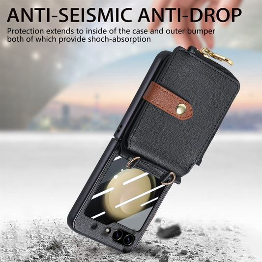 For Samsung Galaxy Z Flip5 5G Crossbody Litchi Electroplated Case-film Integrated Zipper Wallet Phone Case(Black) - Galaxy Z Flip5 Cases by buy2fix | Online Shopping UK | buy2fix
