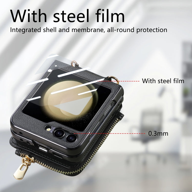 For Samsung Galaxy Z Flip5 5G Crossbody Litchi Electroplated Case-film Integrated Zipper Wallet Phone Case(Black) - Galaxy Z Flip5 Cases by buy2fix | Online Shopping UK | buy2fix