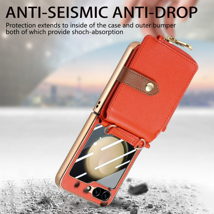 For Samsung Galaxy Z Flip5 5G Crossbody Litchi Electroplated Case-film Integrated Zipper Wallet Phone Case(Orange) - Galaxy Z Flip5 Cases by buy2fix | Online Shopping UK | buy2fix