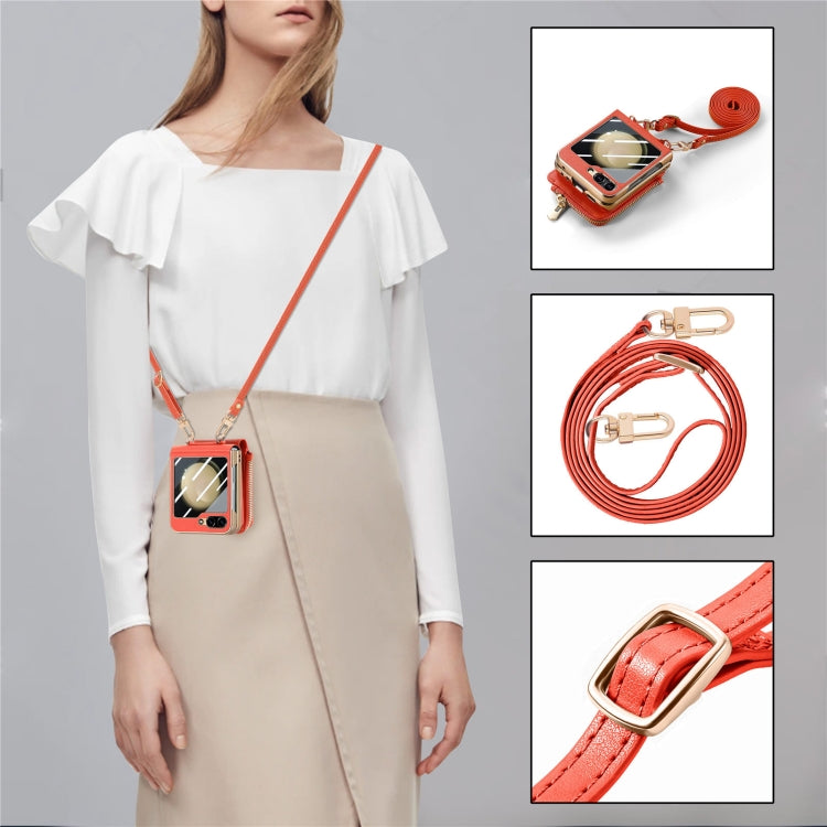 For Samsung Galaxy Z Flip5 5G Crossbody Litchi Electroplated Case-film Integrated Zipper Wallet Phone Case(Orange) - Galaxy Z Flip5 Cases by buy2fix | Online Shopping UK | buy2fix