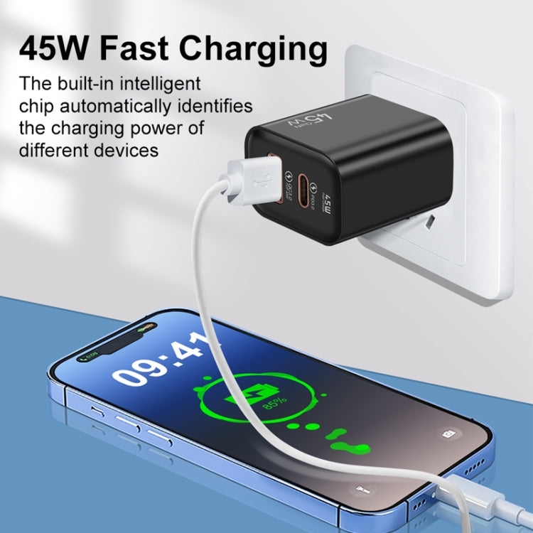 45PQ 45W PD25W + QC3.0 20W USB Super Fast Charger with Type-C to 8 Pin Cable, US Plug(Black) - USB Charger by buy2fix | Online Shopping UK | buy2fix