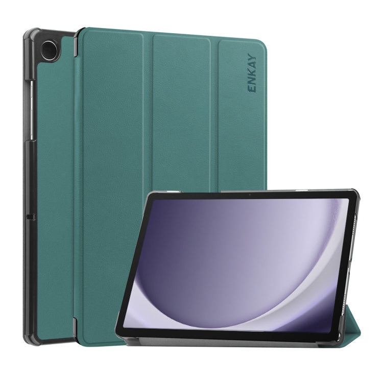 For Samsung Galaxy Tab A9+ 11.0 ENKAY Tri-fold Custer Texture Leather Smart Tablet Case(Dark Green) - Galaxy Tab A9+ by ENKAY | Online Shopping UK | buy2fix